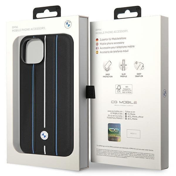 BMW iPhone 14 Mobilskal Läder Stamp Blue Lines - Svart