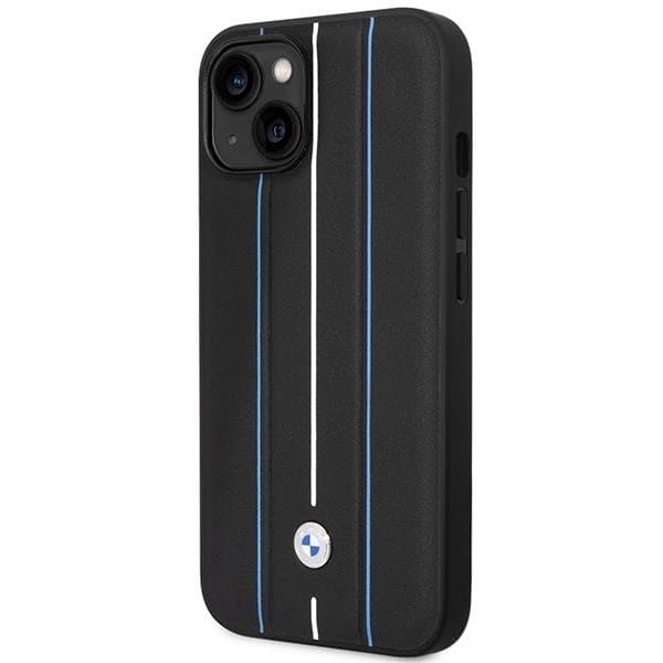 BMW iPhone 14 Mobilskal Läder Stamp Blue Lines - Svart