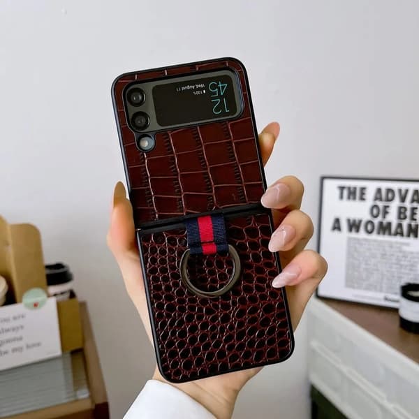 Galaxy Z Flip4 5G Mobilskal Ringhållare Äkta läder - Kaffe