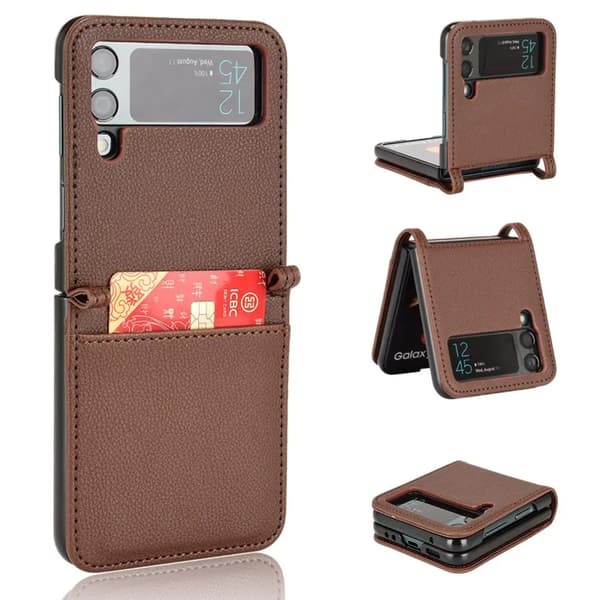 Galaxy Z Flip4 5G Mobilskal Korthållare PU Läder - Brun