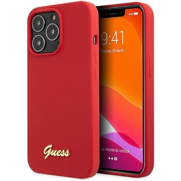 Guess iPhone 13 Pro Max Mobilskal Silicone Script Gold Logo - Röd