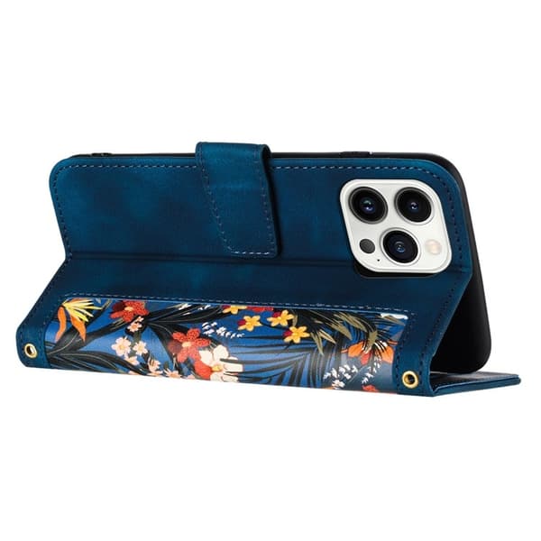 iPhone 15 Pro Plånboksfodral Flower Pattern - Mörkblå