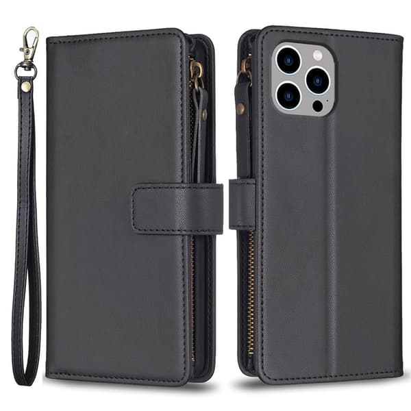 iPhone 15 Pro Plånboksfodral Zipper Flip - Svart