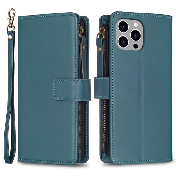 iPhone 15 Pro Plånboksfodral Zipper Flip - Grön