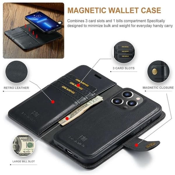 DG.MING iPhone 15 Pro Max Plånboksfodral Äkta Läder 2in1 - Svart