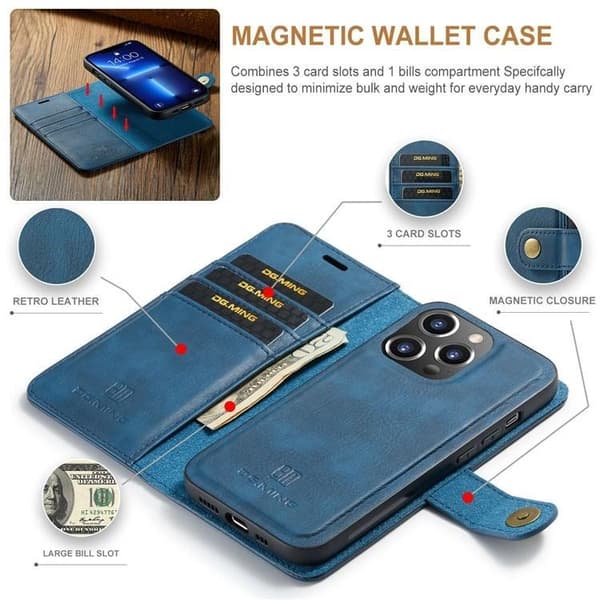 DG.MING iPhone 15 Pro Max Plånboksfodral Äkta Läder 2in1 - Blå