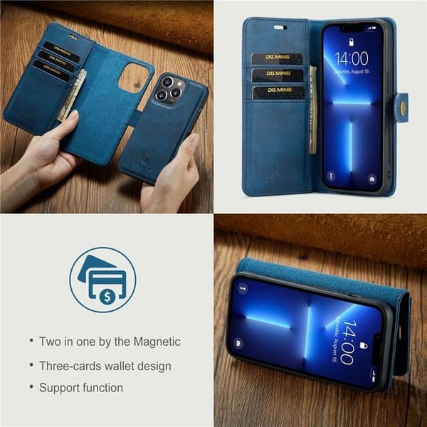 DG.MING iPhone 15 Pro Max Plånboksfodral Äkta Läder 2in1 - Blå