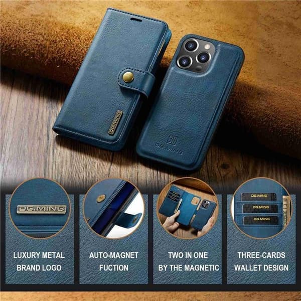 DG.MING iPhone 15 Pro Max Plånboksfodral Äkta Läder 2in1 - Blå
