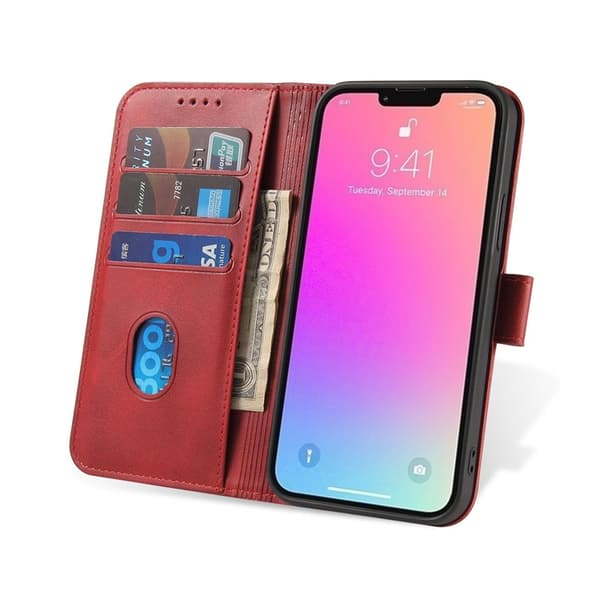 iPhone 15 Plus Plånboksfodral Magnet Stativ - Röd