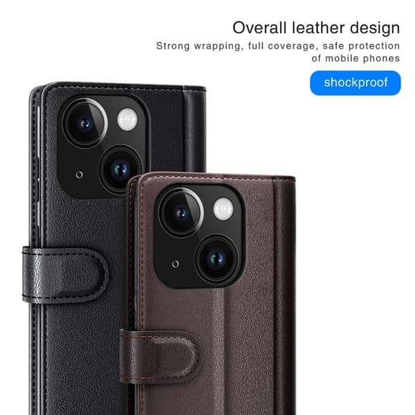 iPhone 15 Plånboksfodral Äkta Läder Anti-Dust - Brun