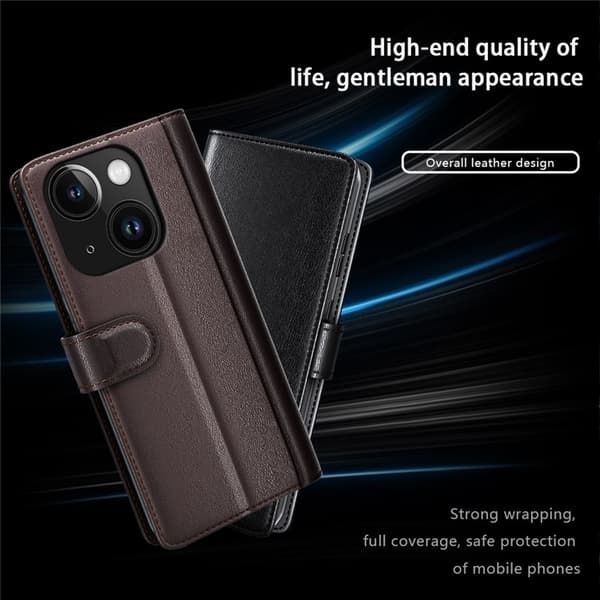 iPhone 15 Plus Plånboksfodral Äkta Läder Anti-Dust - Brun