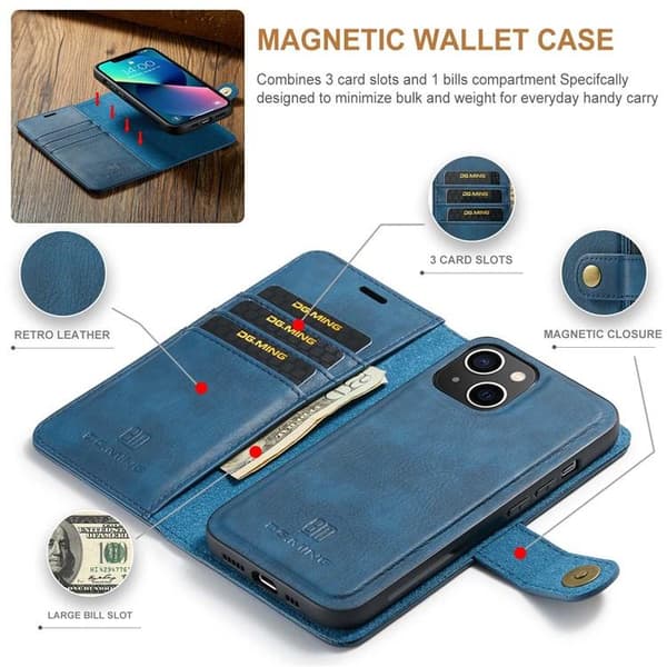 DG.MING iPhone 15 Plus Plånboksfodral Äkta Läder 2in1 - Blå