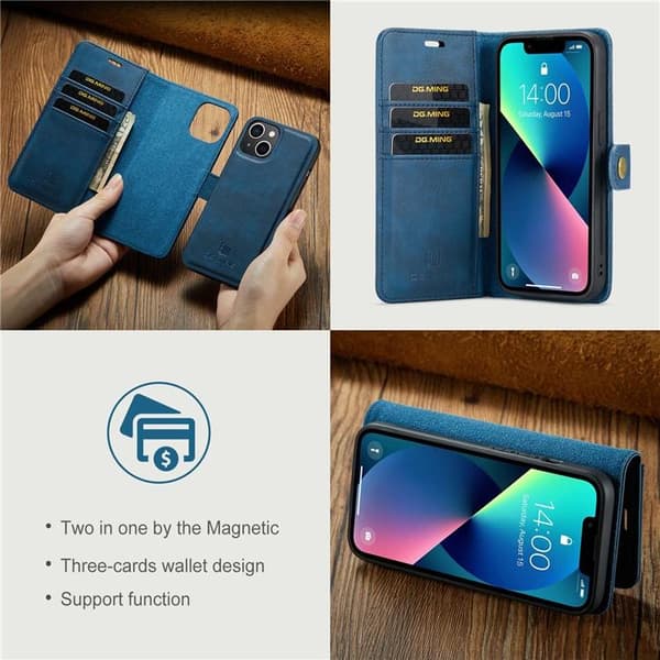 DG.MING iPhone 15 Plus Plånboksfodral Äkta Läder 2in1 - Blå