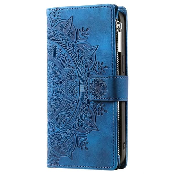 iPhone 15 Plus Plånboksfodral Mandala Flower Imprinted - Blå