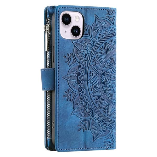 iPhone 15 Plus Plånboksfodral Mandala Flower Imprinted - Blå