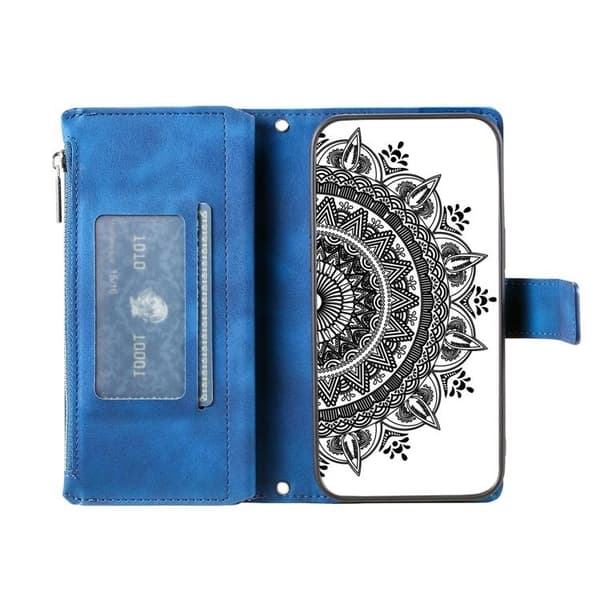 iPhone 15 Plus Plånboksfodral Mandala Flower Imprinted - Blå