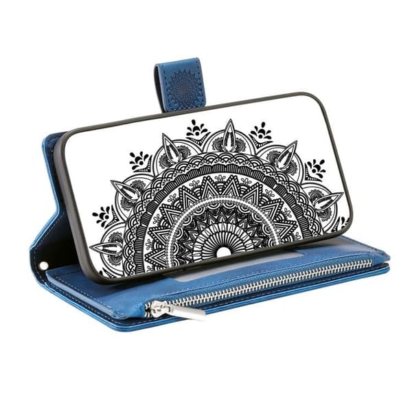 iPhone 15 Plus Plånboksfodral Mandala Flower Imprinted - Blå