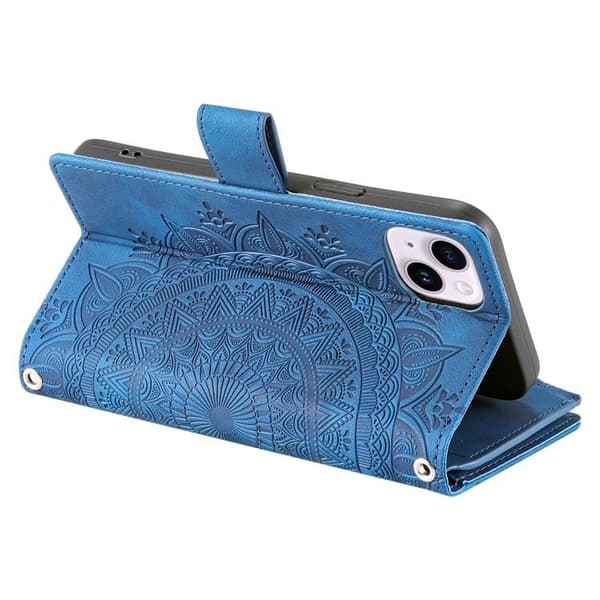 iPhone 15 Plus Plånboksfodral Mandala Flower Imprinted - Blå