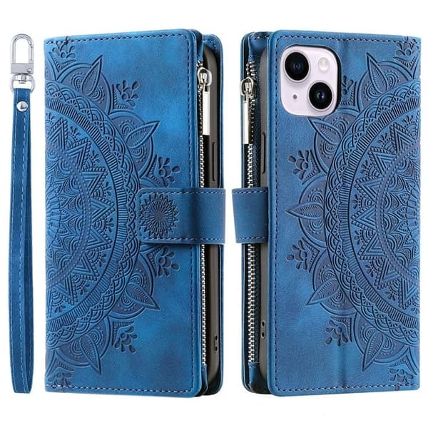 iPhone 15 Plus Plånboksfodral Mandala Flower Imprinted - Blå