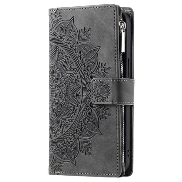 iPhone 15 Plus Plånboksfodral Mandala Flower Imprinted - Grå