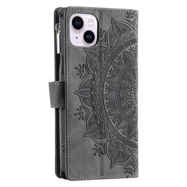 iPhone 15 Plus Plånboksfodral Mandala Flower Imprinted - Grå