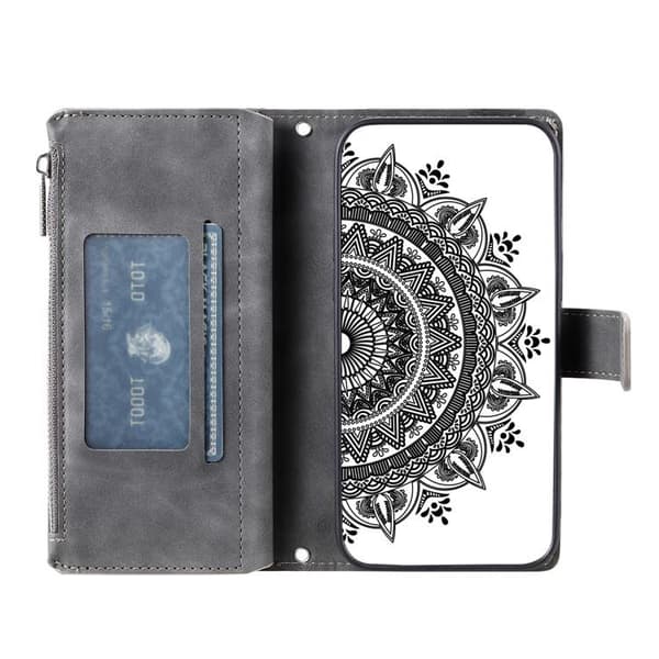 iPhone 15 Plus Plånboksfodral Mandala Flower Imprinted - Grå