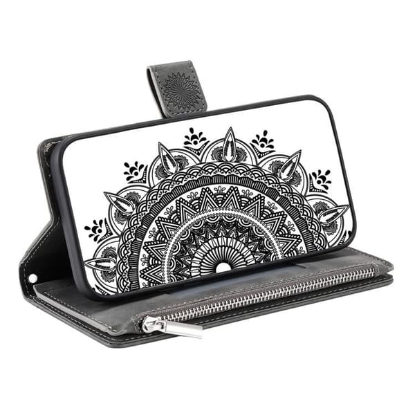 iPhone 15 Plus Plånboksfodral Mandala Flower Imprinted - Grå