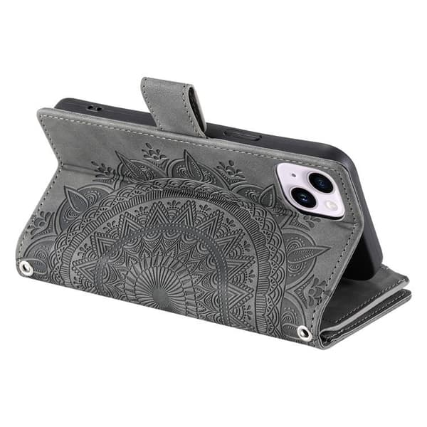 iPhone 15 Plus Plånboksfodral Mandala Flower Imprinted - Grå