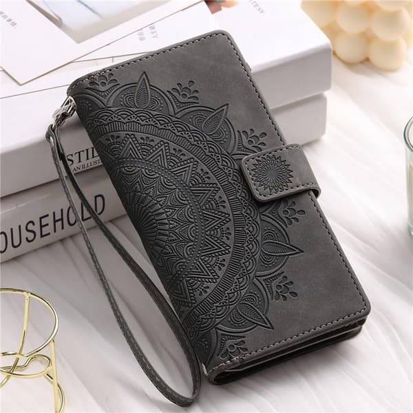 iPhone 15 Plus Plånboksfodral Mandala Flower Imprinted - Grå