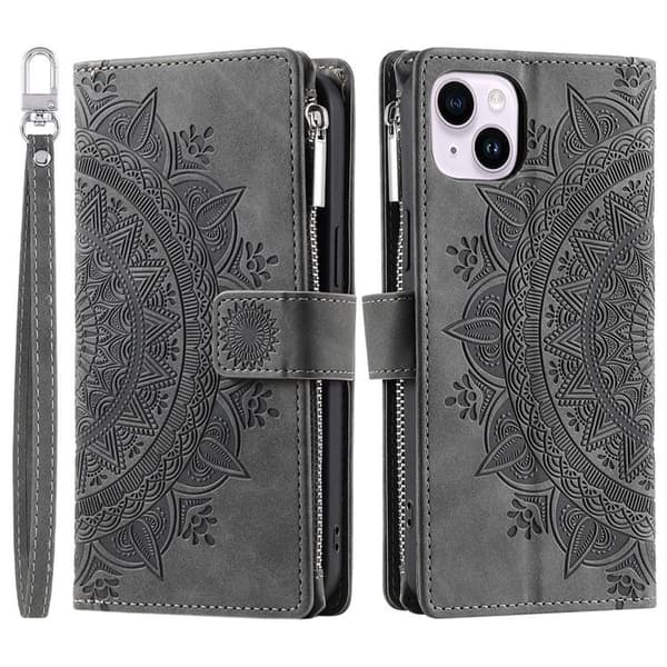 iPhone 15 Plus Plånboksfodral Mandala Flower Imprinted - Grå
