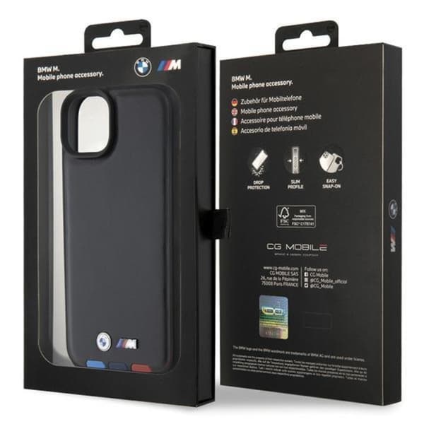 BMW iPhone 15 Plus Mobilskal Läder Stamp Tricolor - Svart