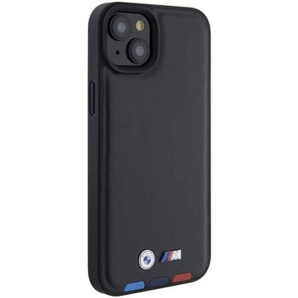 BMW iPhone 15 Plus Mobilskal Läder Stamp Tricolor - Svart
