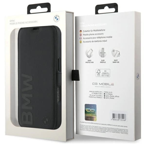 BMW iPhone 16 Pro Plånboksfodral Signature Läder Ordmärke - Svart