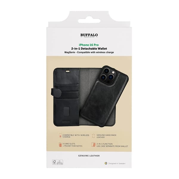 BUFFALO äkta läder iPhone 16 Pro Plånboksfodral MagSafe 2-i-1 - Svart