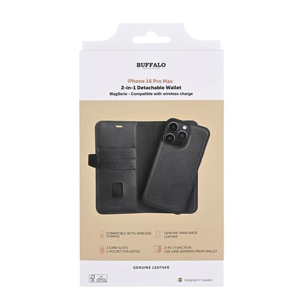 BUFFALO äkta läder iPhone 16 Pro Max Plånboksfodral MagSafe 2-i-1 - Svart