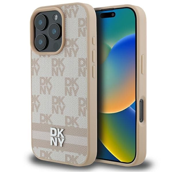 DKNY iPhone 16 Pro Mobilskal Checkered Pattern Printed Stripes - Rosa
