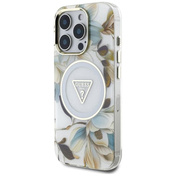 Guess iPhone 16 Pro Mobilskal Magsafe Glitter Flowers - Vit