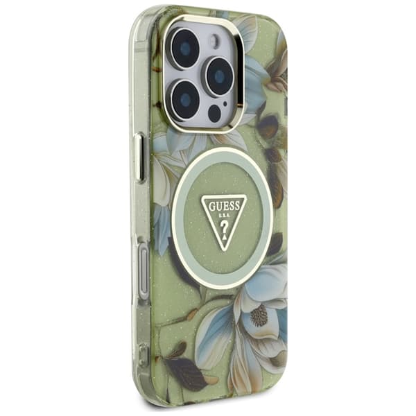 Guess iPhone 16 Pro Mobilskal Magsafe Glitter Flowers - Grön