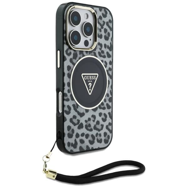 Guess iPhone 16 Pro Mobilskal MagSafe IML Leopard Triangle Cord Strap - Svart