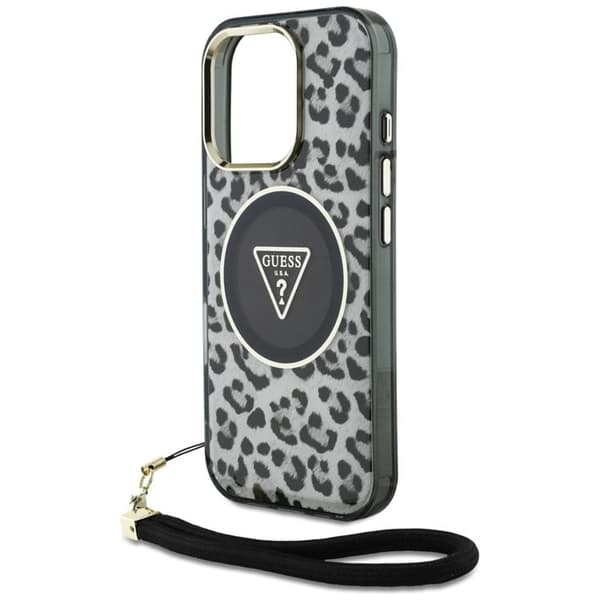 Guess iPhone 16 Pro Mobilskal MagSafe IML Leopard Triangle Cord Strap - Svart