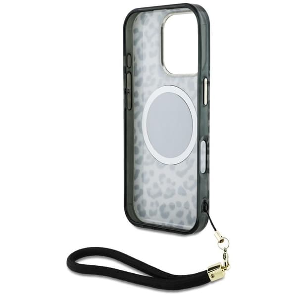 Guess iPhone 16 Pro Mobilskal MagSafe IML Leopard Triangle Cord Strap - Svart