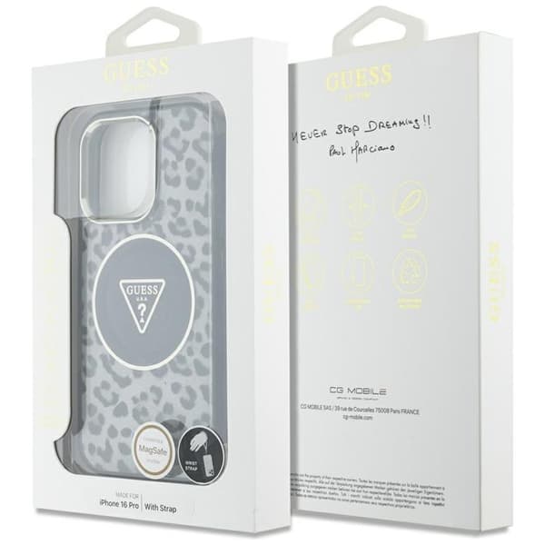 Guess iPhone 16 Pro Mobilskal MagSafe IML Leopard Triangle Cord Strap - Svart