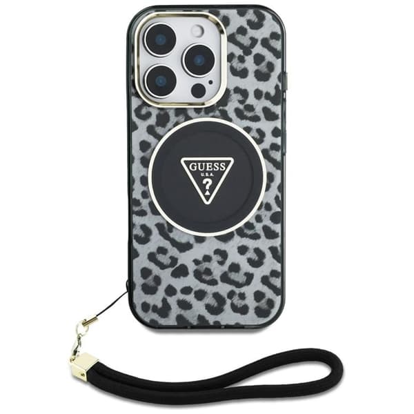 Guess iPhone 16 Pro Mobilskal MagSafe IML Leopard Triangle Cord Strap - Svart