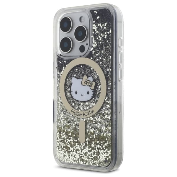 Hello Kitty iPhone 16 Pro Mobilskal MagSafe Liquid Glitter - Svart Guld