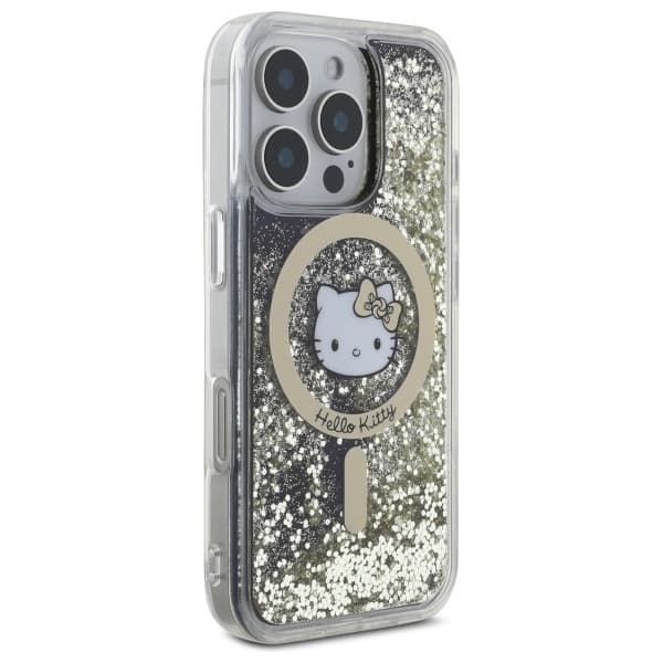 Hello Kitty iPhone 16 Pro Mobilskal MagSafe Liquid Glitter - Svart Guld