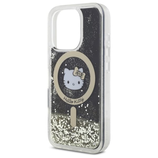 Hello Kitty iPhone 16 Pro Mobilskal MagSafe Liquid Glitter - Svart Guld