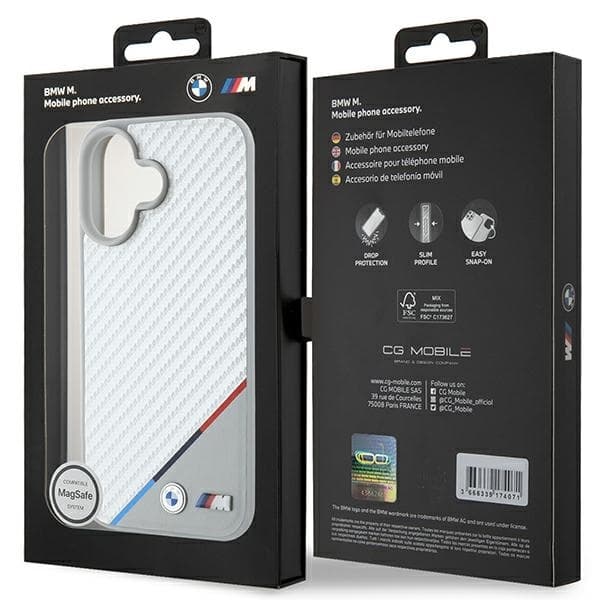 BMW iPhone 16 Mobilskal MagSafe Carbon Tricolor Line - Grå