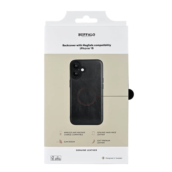 BUFFALO äkta läder iPhone 16 Mobilskal MagSafe Läder - Svart