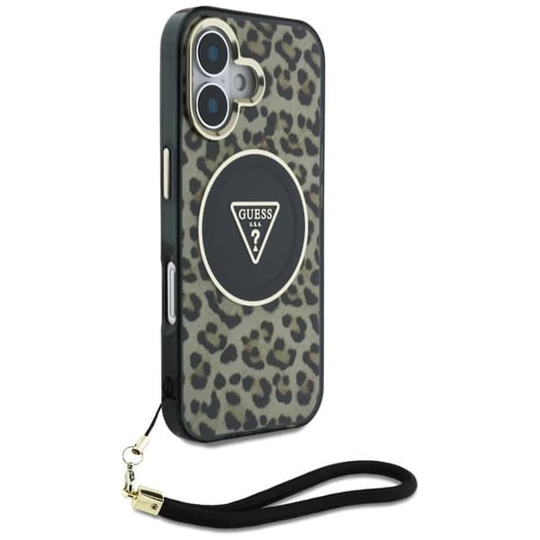 Guess iPhone 16 Mobilskal MagSafe IML Leopard Triangle Cord Strap - Brun