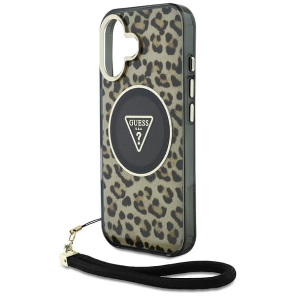 Guess iPhone 16 Mobilskal MagSafe IML Leopard Triangle Cord Strap - Brun